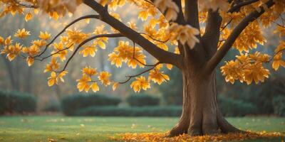 Magnolia Tree Adorned With Golden Autumn Leaves Creates a Warm and Nostalgic Atmosphere in a Peaceful Garden Setting photo
