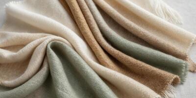Luxurious Organic Wool Fabric Swatches in Gradient Natural Colors on Bright Neutral Background photo