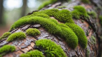 Close Up of Tree Bark with Green Moss Texture photo