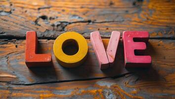 Four colorful wooden toy blocks spelling the word love sit on a rustic wooden surface. photo