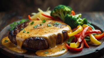 Grilled Steak Topped with Cheesy Sauce and Served with Vegetables. photo