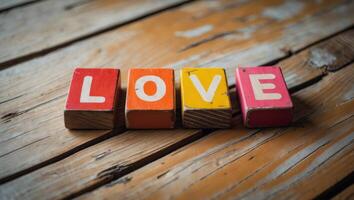 Four colorful wooden toy blocks spelling the word love sit on a rustic wooden surface photo