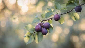 Ripe purple plums on a tree branch with green leaves in sunlight photo