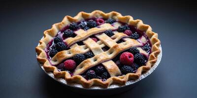 Delicious berry pie with lattice crust on dark background. photo