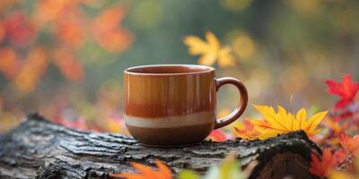 Cozy Mug on Log Surrounded by Autumn Colors and Nature Background. photo