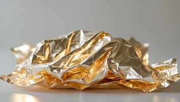 Luxurious golden foil wrapper with crinkled texture reflecting light in soft folds for a shimmering effect. photo