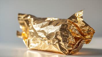 Luxurious golden foil wrapper with crinkled texture reflecting light in soft folds for a shimmering effect photo