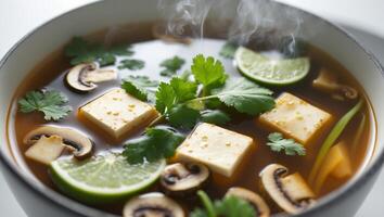 Bowl of hot sour soup with tofu and mushrooms captured from above with its vibrant garnish highlighted. photo