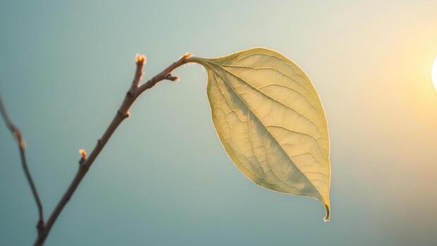 A close up of a leaf on a branch with a sun in the background photo
