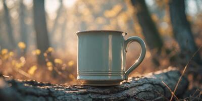 Vintage Mug on Log in Nature with Soft Sunlight in Background. photo