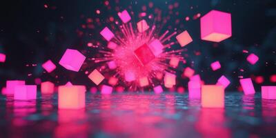 Vibrant Pink and Red Glowing Cubes Exploding in Abstract Background. photo