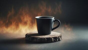 A Dark and Moody Coffee Scene Featuring a Black Cup on a Rustic Wooden Coaster with Soft Lighting and a Gradual Dark Background for Imaginative Text Space. photo