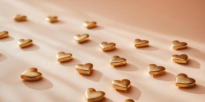 Golden hearts scattered on soft peach background create warm atmosphere photo