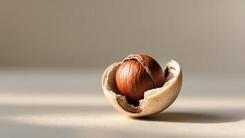 Close up of a Single Hazelnut in its Shell Cracked Open Revealing the Nut Inside photo