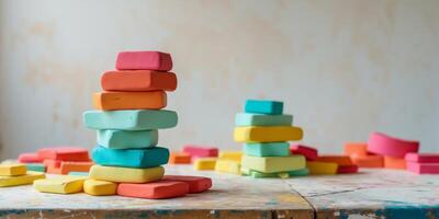 Colorful blocks of modeling clay stacked on a textured surface in a creative workspace photo