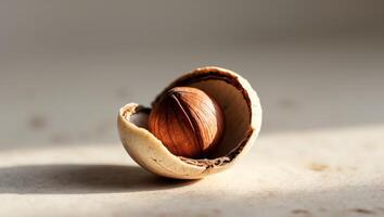 Close up of a Single Hazelnut in its Shell Cracked Open Revealing the Nut Inside. photo