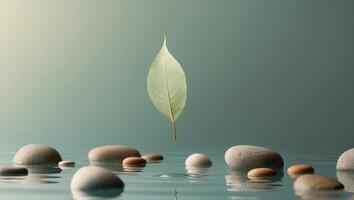 Leaf floating on water surrounded by smooth stones in a tranquil setting photo