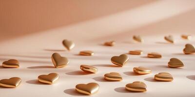 Golden hearts scattered on soft peach background create warm atmosphere. photo