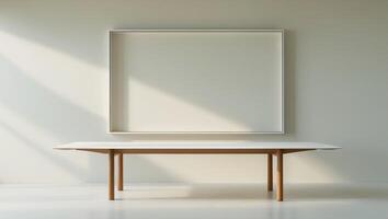 White wood table with large spring window and copy space photo