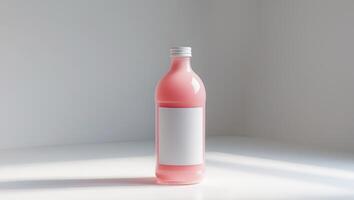 Pink drink bottle mockup with blank label on white surface photo