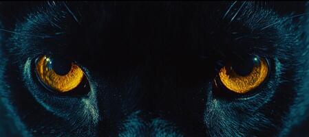 Close up of Black Cat s Glowing Golden Eyes in the Dark Mystical Pet Portrait photo
