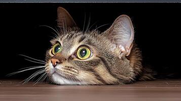 Curious Tabby Cat Peeking from Underneath Furniture Wide Eyes Close Up photo