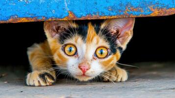 Curious Calico Kitten Peeking from Underneath Rusty Blue Metal photo