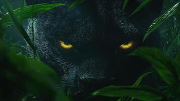 Majestic Black Panther s Glowing Eyes Hidden in Lush Jungle Foliage photo