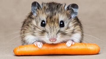 Adorable Hamster with Tiny Paws Holding a Baby Carrot Close Up Studio Shot photo