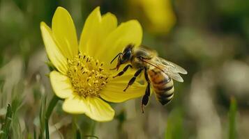 Honeybee Pollinating Yellow Flower in Vibrant Meadow Close Up Photography photo
