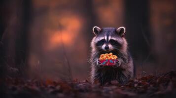 Adorable Raccoon Holding Snack Box in Autumn Forest Wildlife Nature Photography photo
