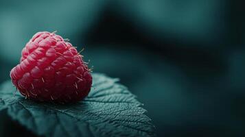 Single Fresh Raspberry on Dark Green Leaf Close Up Macro Photography of Summer Berry photo