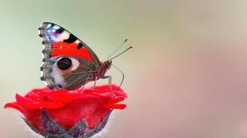 Stunning Peacock Butterfly on Vibrant Red Rose Close Up Macro Photography photo