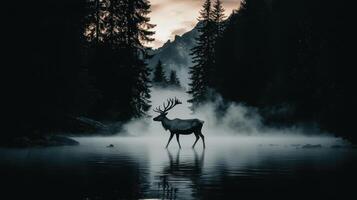Majestic Stag Walking Through Misty Forest Lake at Dawn photo