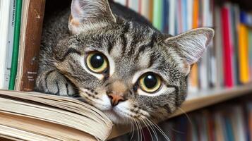 Curious Tabby Cat Resting on Bookshelf Close Up Portrait Library Setting photo