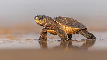 Adorable Baby Sea Turtle Hatchling Crawling on Sandy Beach at Dawn photo