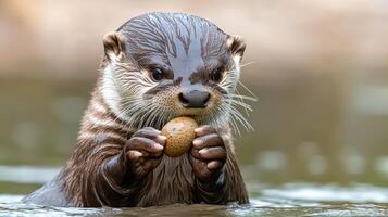 Adorable Otter Pup Holding Stone in Water Wildlife Close Up photo