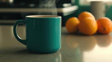 Steaming Hot Drink in Teal Mug on Kitchen Counter with Oranges photo
