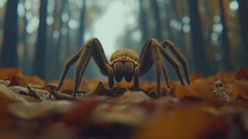Large Hairy Spider on Autumn Leaves in Forest Close Up Macro Photography photo
