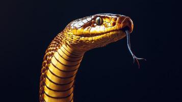 Close up of a Golden Brown Snake with Forked Tongue on Black Background Detailed Reptile Texture photo