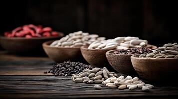 Assorted Seeds and Spices in Wooden Bowls on Rustic Table Culinary Ingredients photo