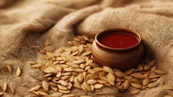 Roasted Pumpkin Seeds and Spicy Red Sauce on Rustic Burlap Background photo