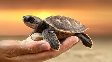 Adorable Baby Sea Turtle Hatchling in Hand at Sunset Beach photo