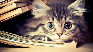 Adorable Kitten Hiding Behind Stack of Vintage Books Curious Gaze Fluffy Pet photo