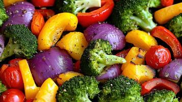 Roasted Colorful Vegetables Broccoli Peppers Onions Tomatoes Healthy Food photo
