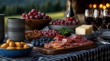 Gourmet Salami Cheese Grapes Nuts Outdoor Picnic Table Setting photo