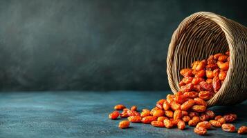 Dried Dates Spilling from Wicker Basket Dark Background Healthy Food photo