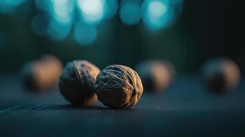 Close up of Walnuts on Dark Surface Soft Focus Background Natural Light photo