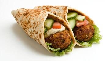 Delicious Falafel Pitas with Cucumber Tomato and Creamy Sauce photo