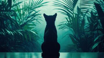 Mysterious Black Cat Silhouette in Lush Tropical Foliage Dark Green Backdrop photo